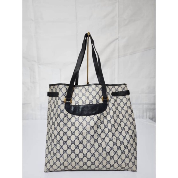 Authentic GUCCI Vintage GG Canvas Tote Bag PVC Leather Navy Blue/Grey - Picture 6 of 14